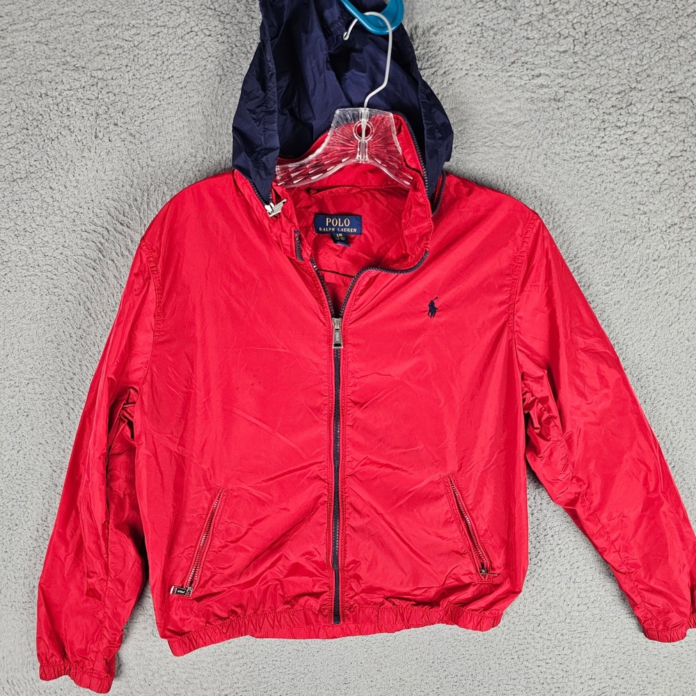 Polo Ralph Lauren Windbreaker Kids L/G 14-16 Red Navy Hooded Full Zip Jacket
